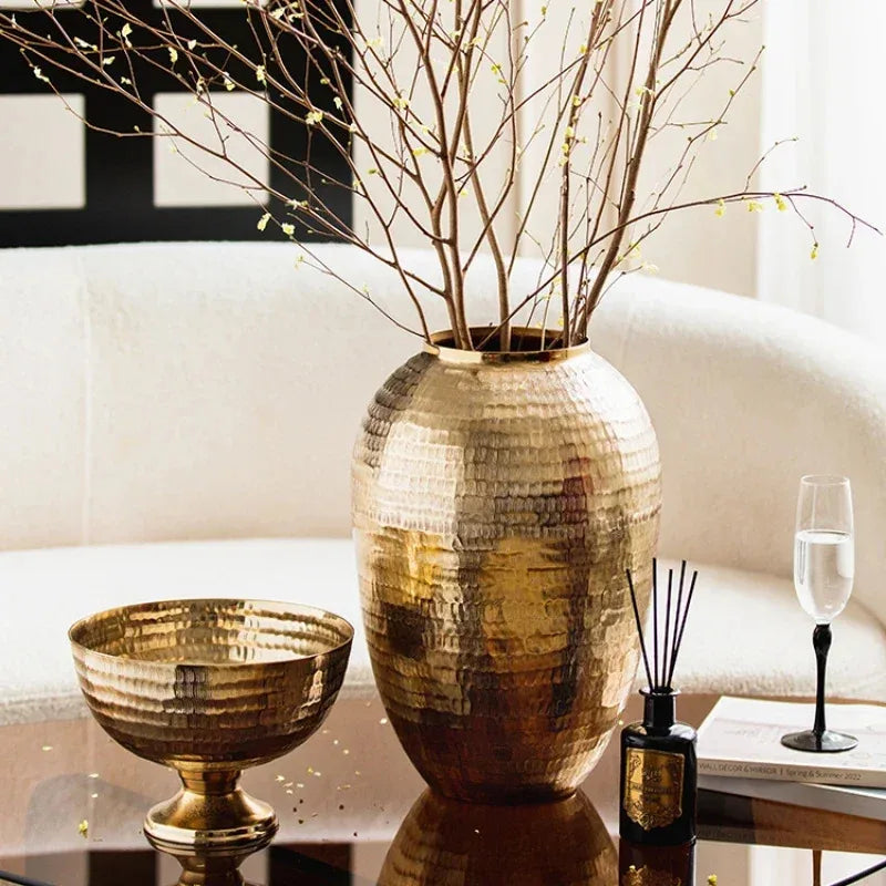Gold candle holder aluminum hammered pattern decorative bowl round vase vintage home décor living room dining home flower vessel